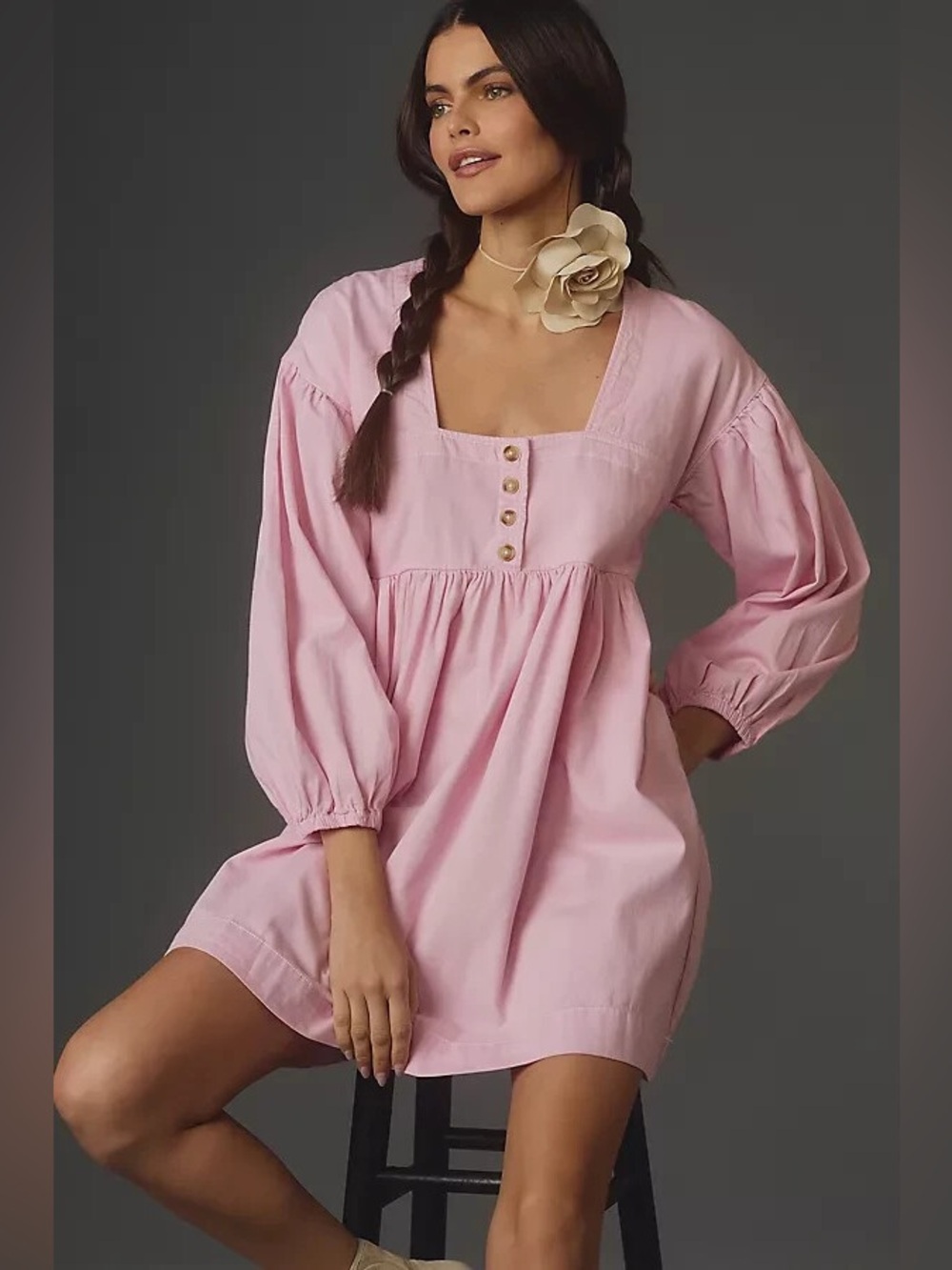 Anthropologie Long-Sleeve Square-Neck Denim Babydoll Mini Dress (Price Firm)